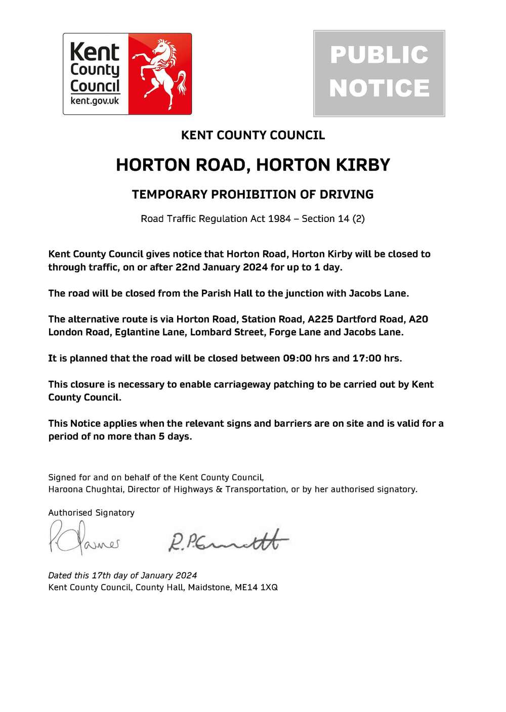 Emergency Road Closure - Horton Road 22nd January