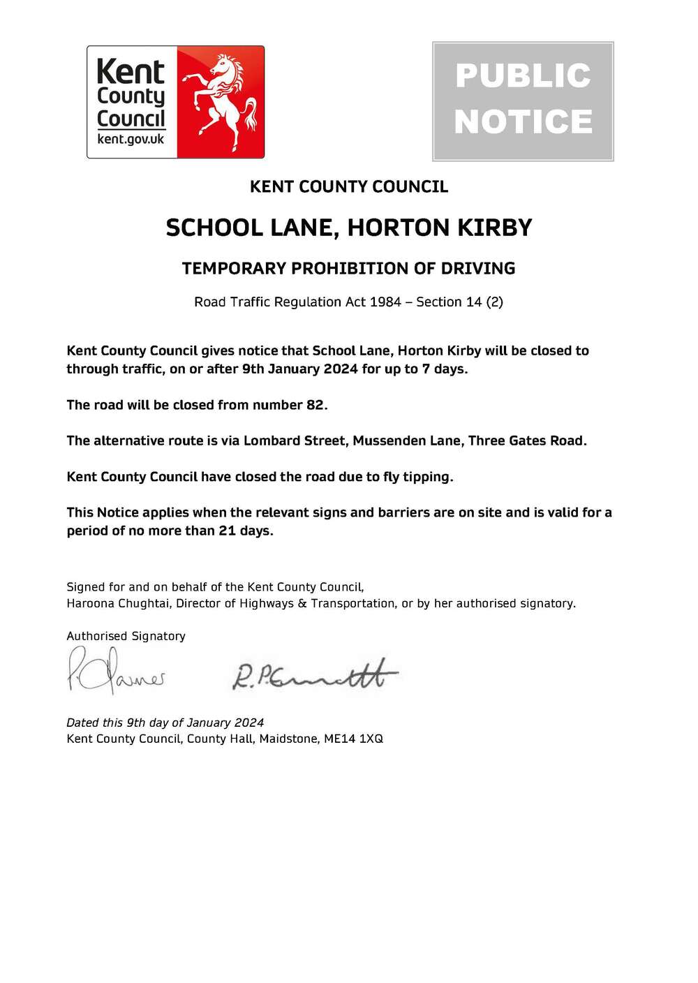 School Lane Horton Kirby - Emergency Road Closure